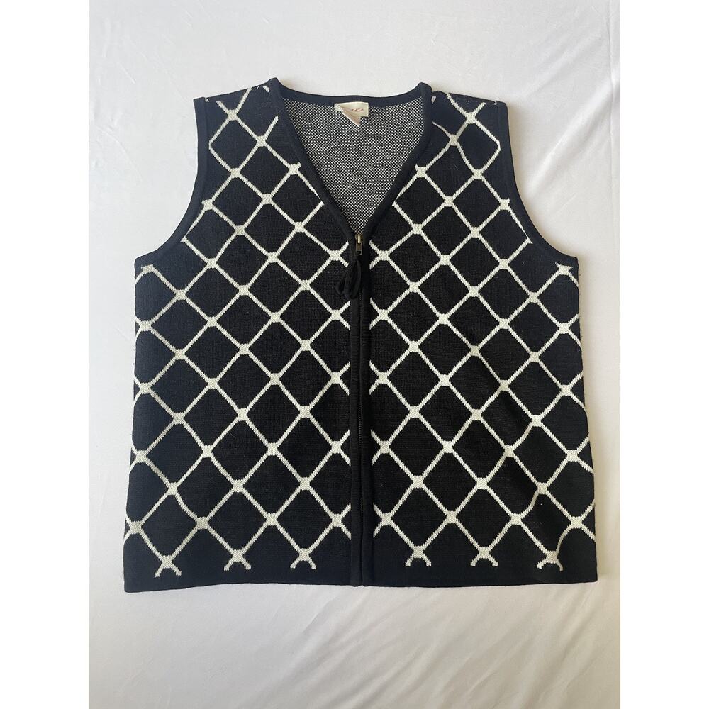 Vintage Crystal Kobe Black White Zip Front Womens L Geometric Design